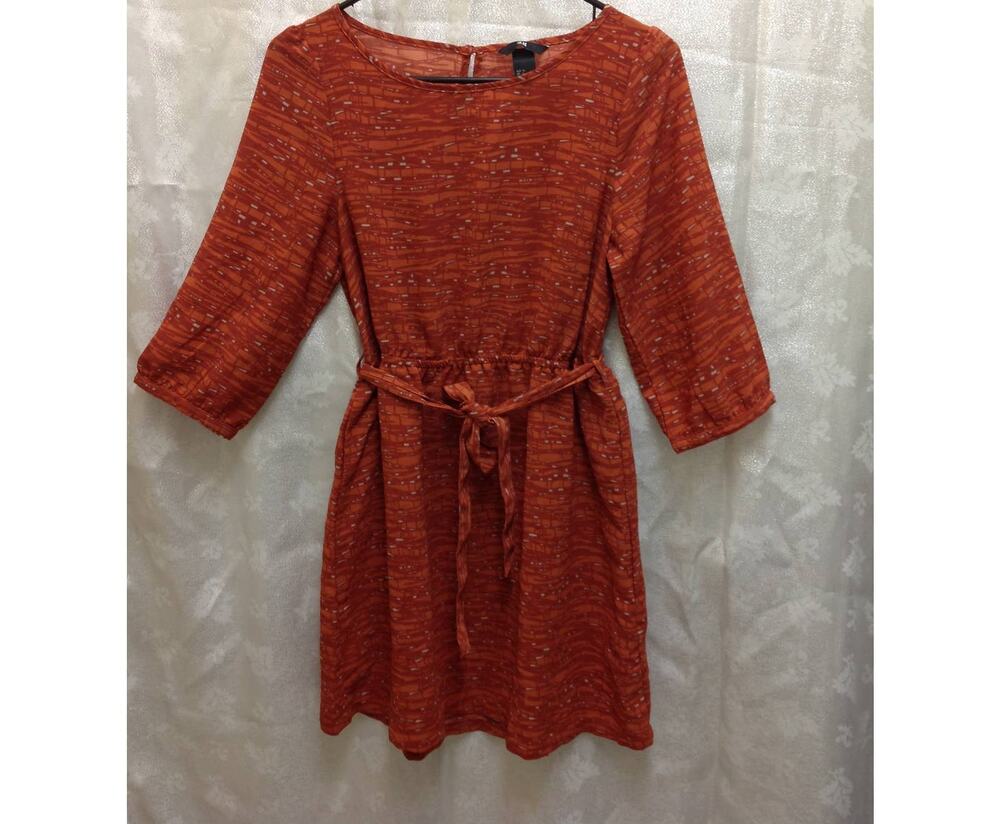 Orange and Cream Print Mini Dress with 3/4 Sleeves and Elastic Waist Size 6
